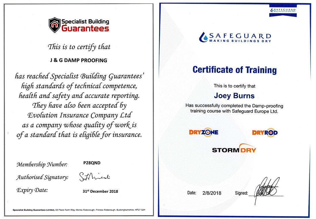 J & G Damp Proofing Certificates J & G Damp Proofing Certificates